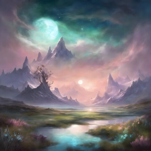 Fantasy plains, lakes, snowy mountains in the distance cover image.