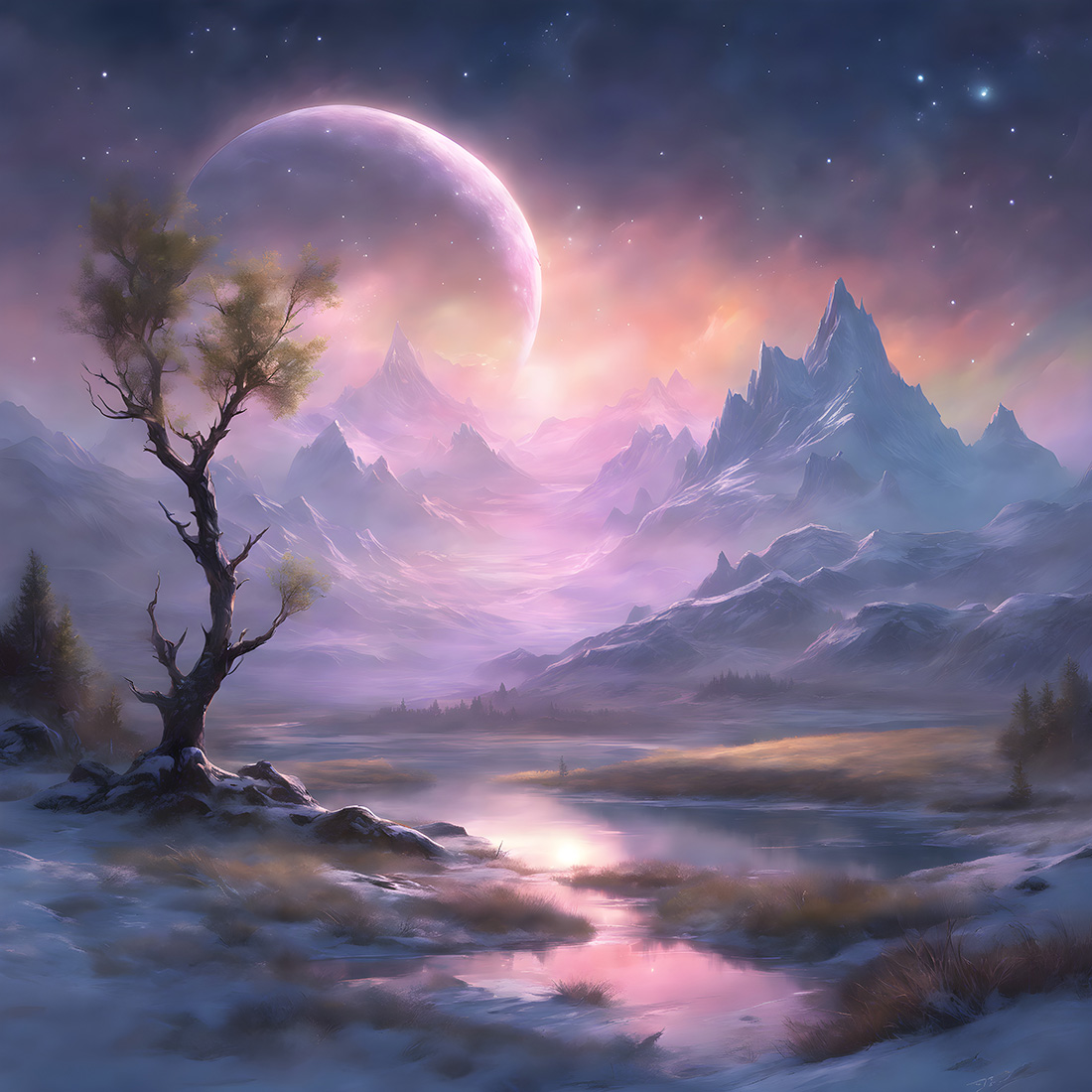 Fantasy plains, lakes, snowy mountains in the distance preview image.