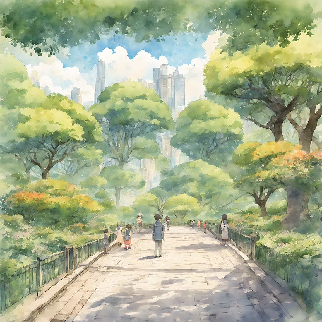 Central park, style of children book watercolor illustration preview image.