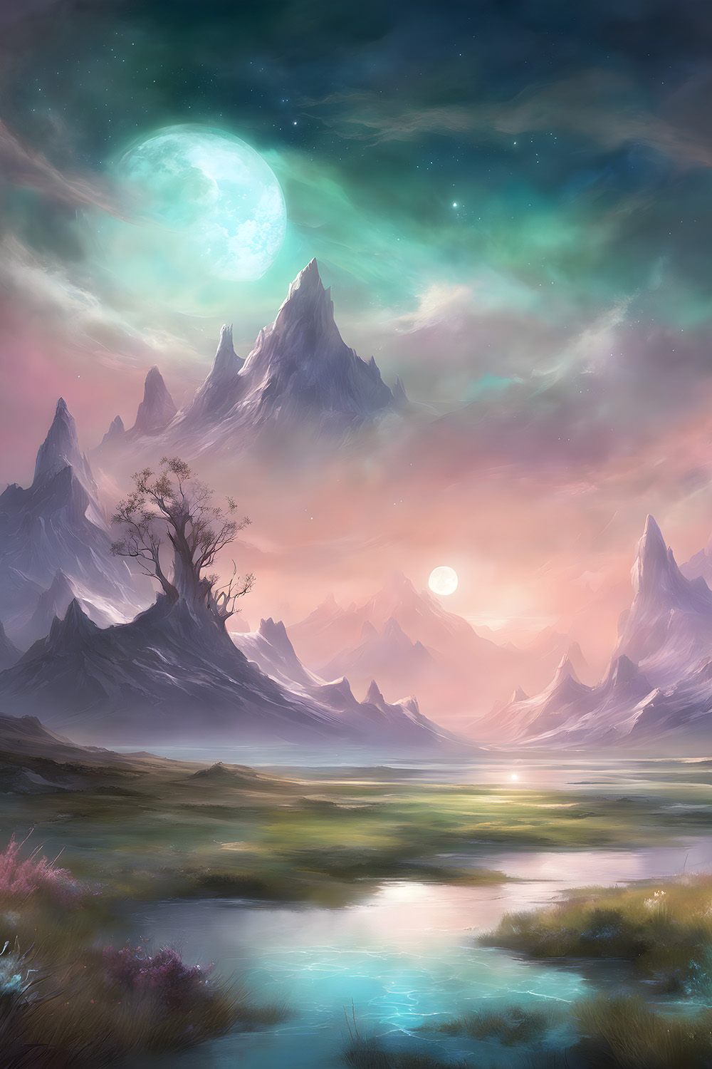 Fantasy plains, lakes, snowy mountains in the distance pinterest preview image.
