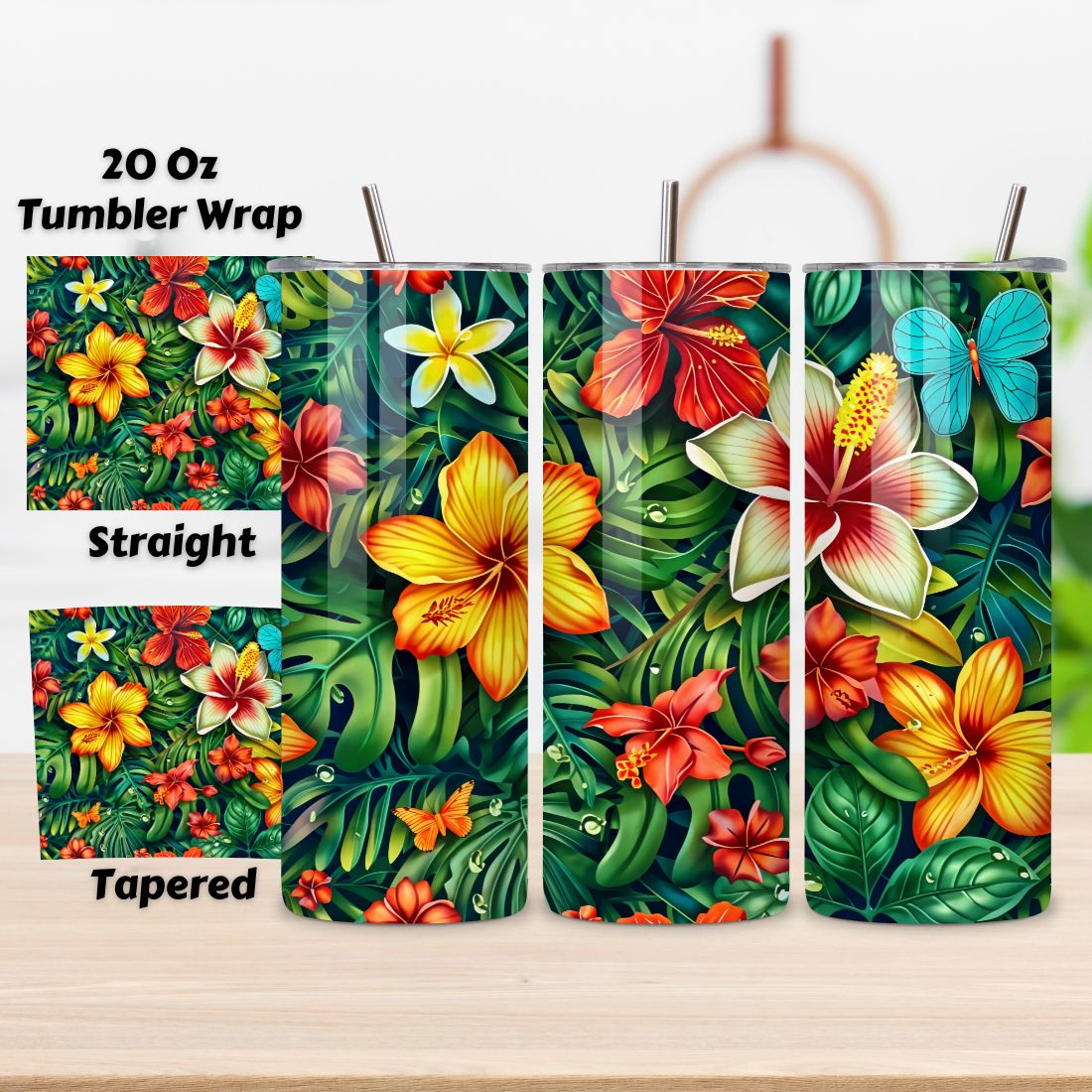 3D Tropical Paradise Bloom Tumbler Wrap | Seamless Wrap png preview image.