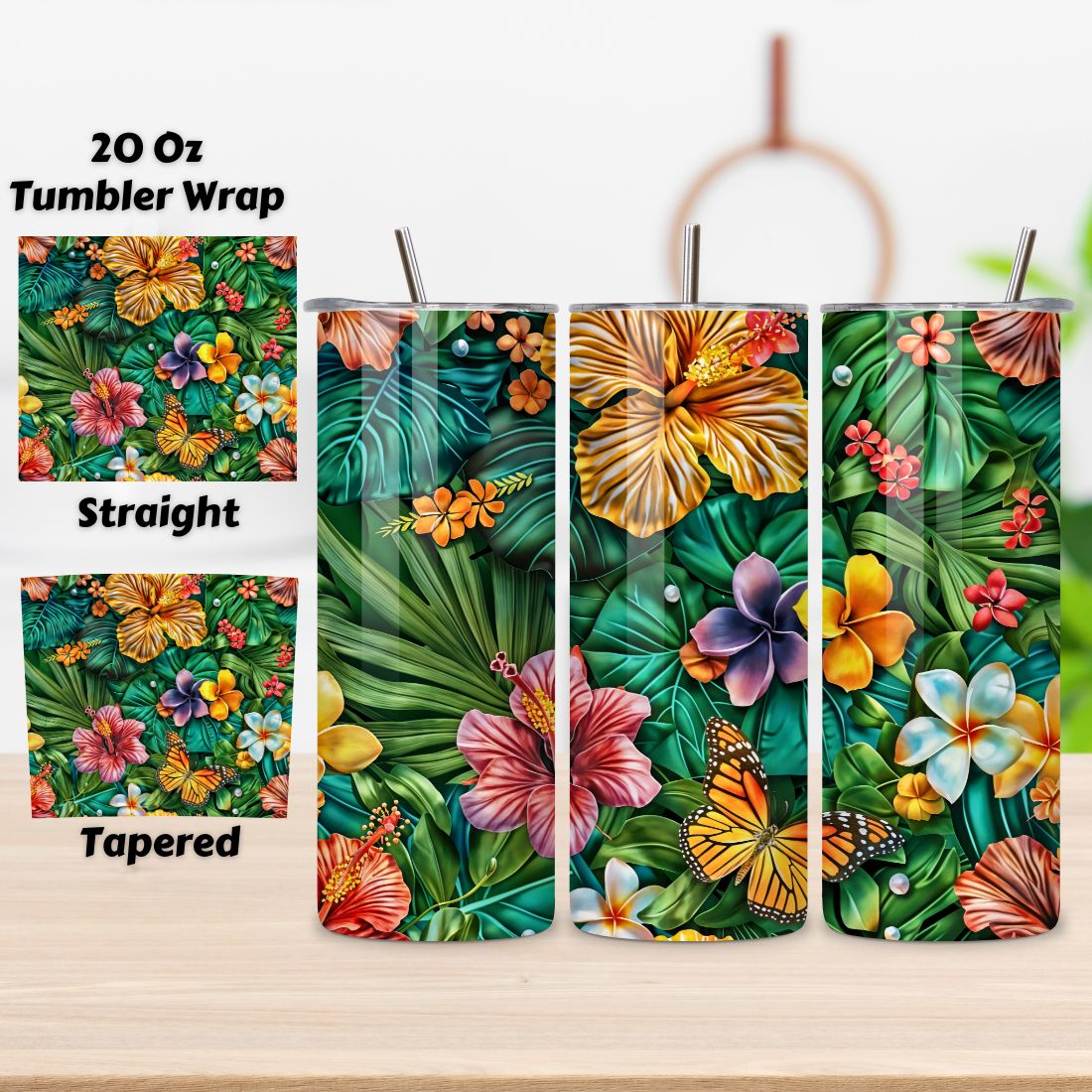 3D Summer Hibiscus Tumbler Wrap | Seamless Wrap png preview image.
