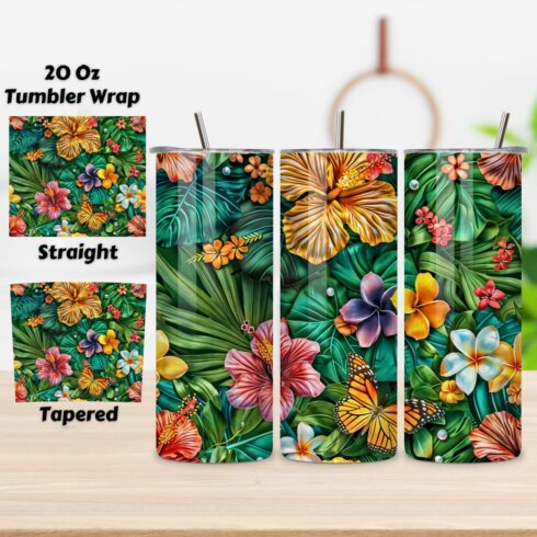 3D Summer Hibiscus Tumbler Wrap | Seamless Wrap png cover image.