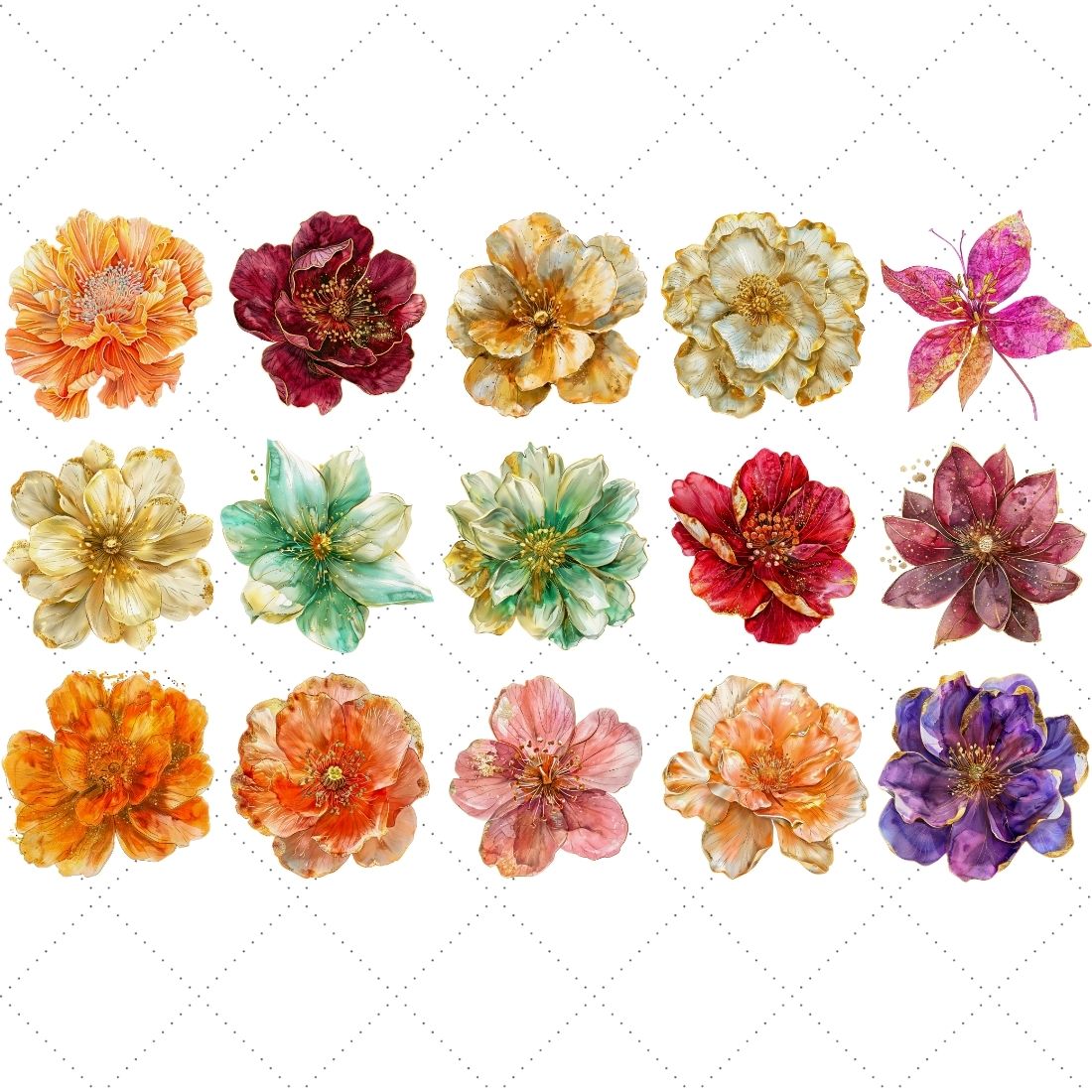 Gold Glowy Flowers Clipart Bundle | Watercolor Flower Png preview image.