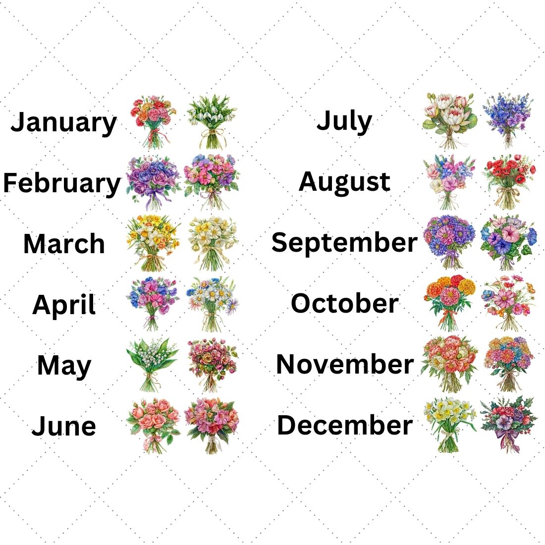 Birth Month Flower Sublimation Clipart, watercolour flower preview image.