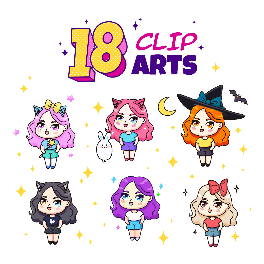 Set of 18 Chibi Girls Vector Clipart preview image.