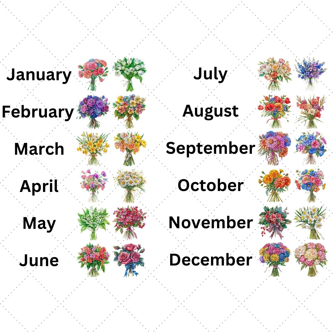 Birth Flower bouquet PNG Birth month Clipart Watercolor & Vintage style birth month flowers clipart illustration Birthday flower Print DIY preview image.