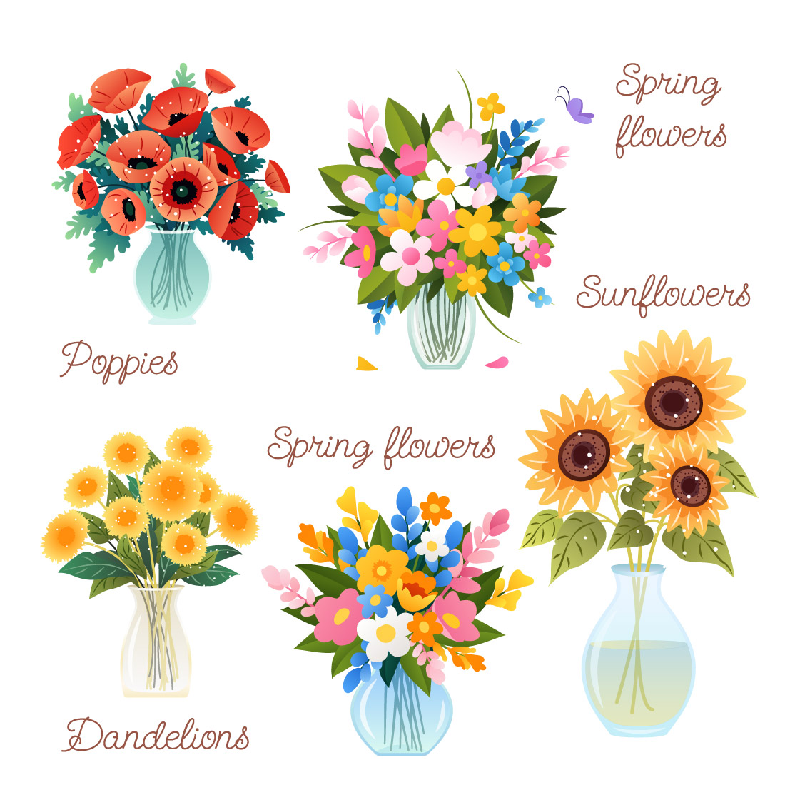 10 Cartoon Flower Bouquets Vector Set preview image.