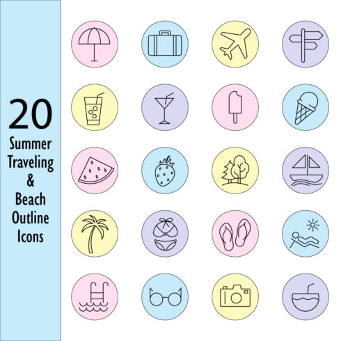 20 Summer traveling and beach outline icons cover image.