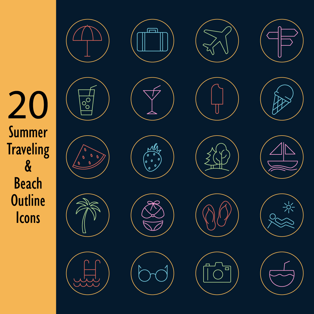 20 Summer traveling and beach outline icons preview image.