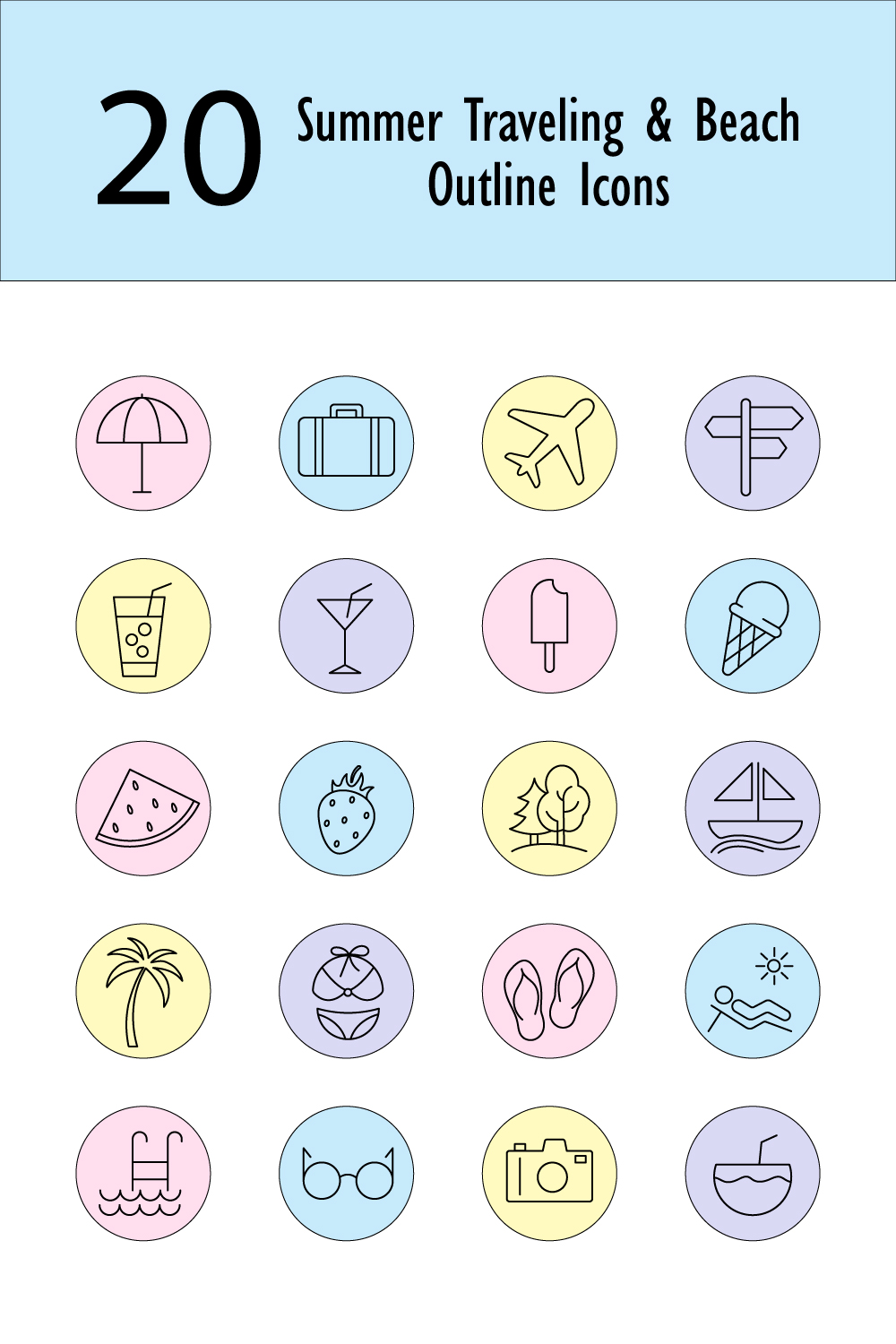20 Summer traveling and beach outline icons pinterest preview image.