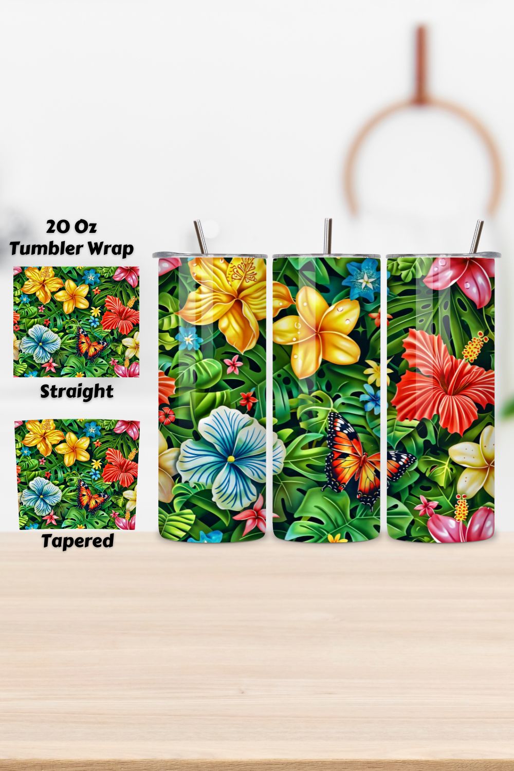 3D Tropical Garden Tumbler Wrap | Seamless Wrap Design pinterest preview image.