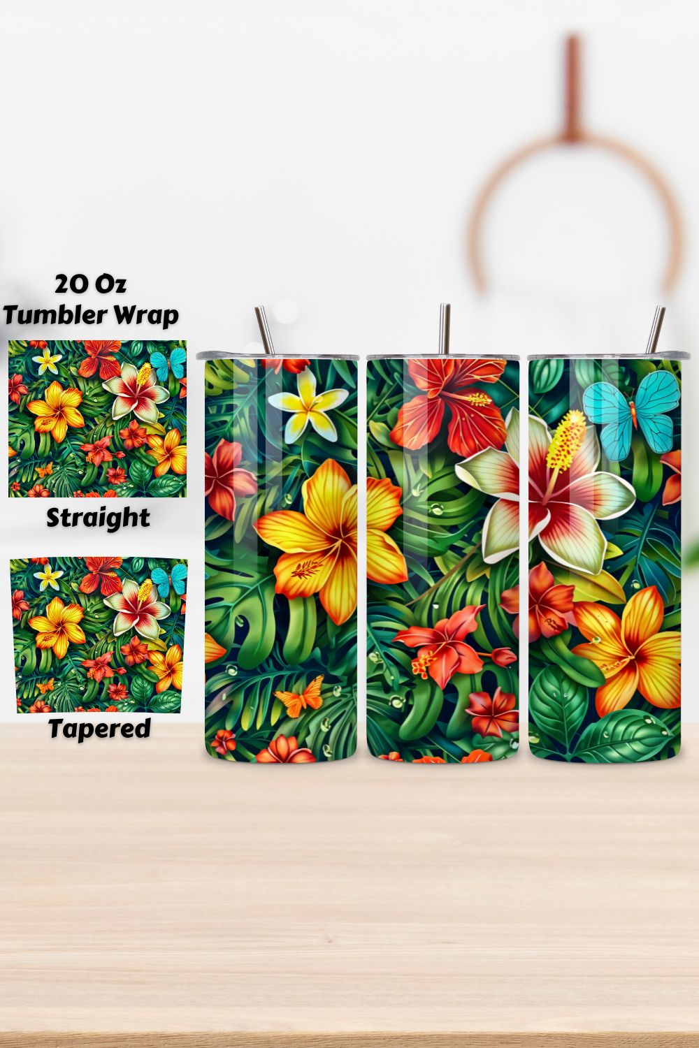 3D Tropical Paradise Bloom Tumbler Wrap | Seamless Wrap png pinterest preview image.