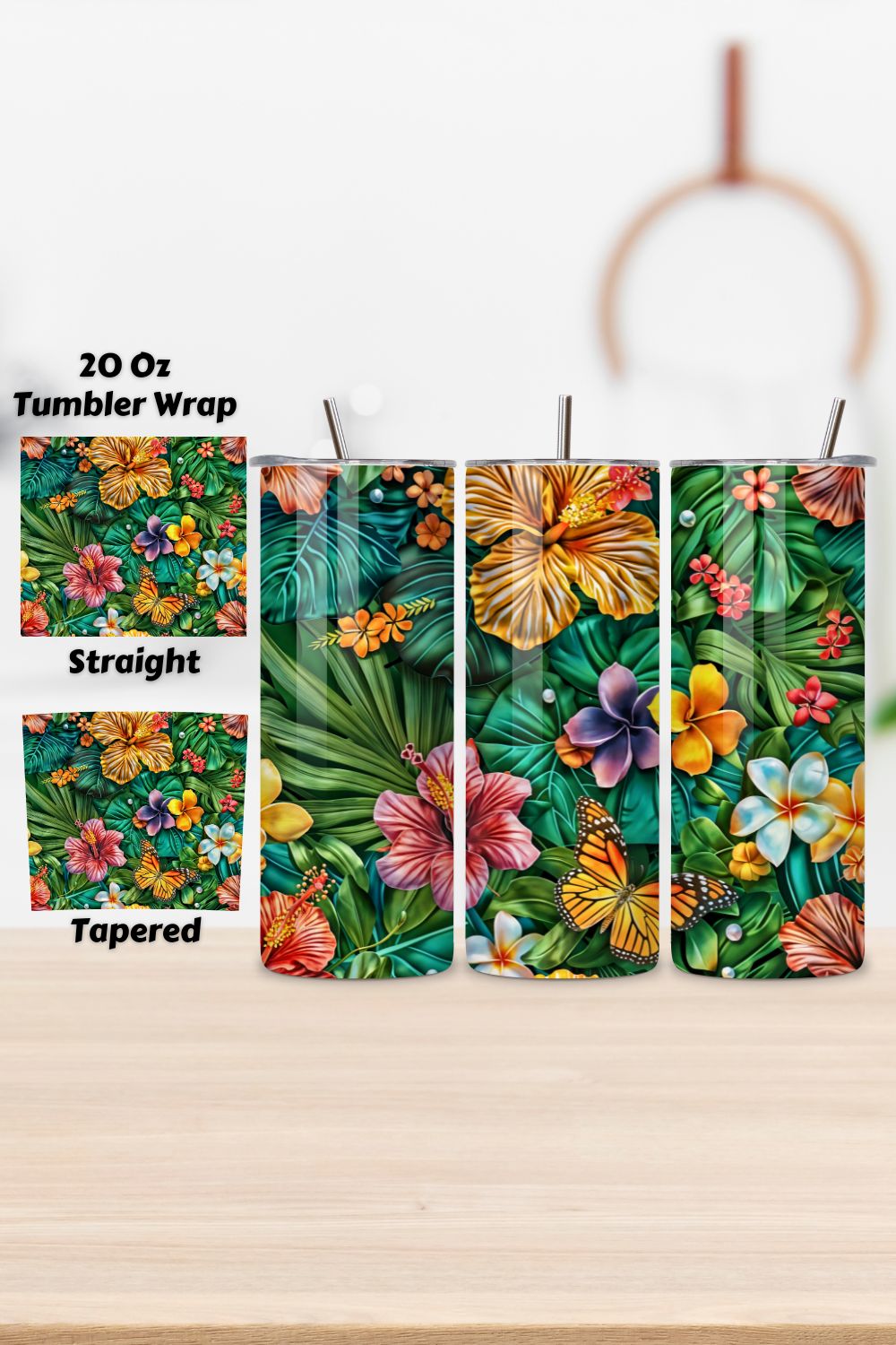 3D Summer Hibiscus Tumbler Wrap | Seamless Wrap png pinterest preview image.