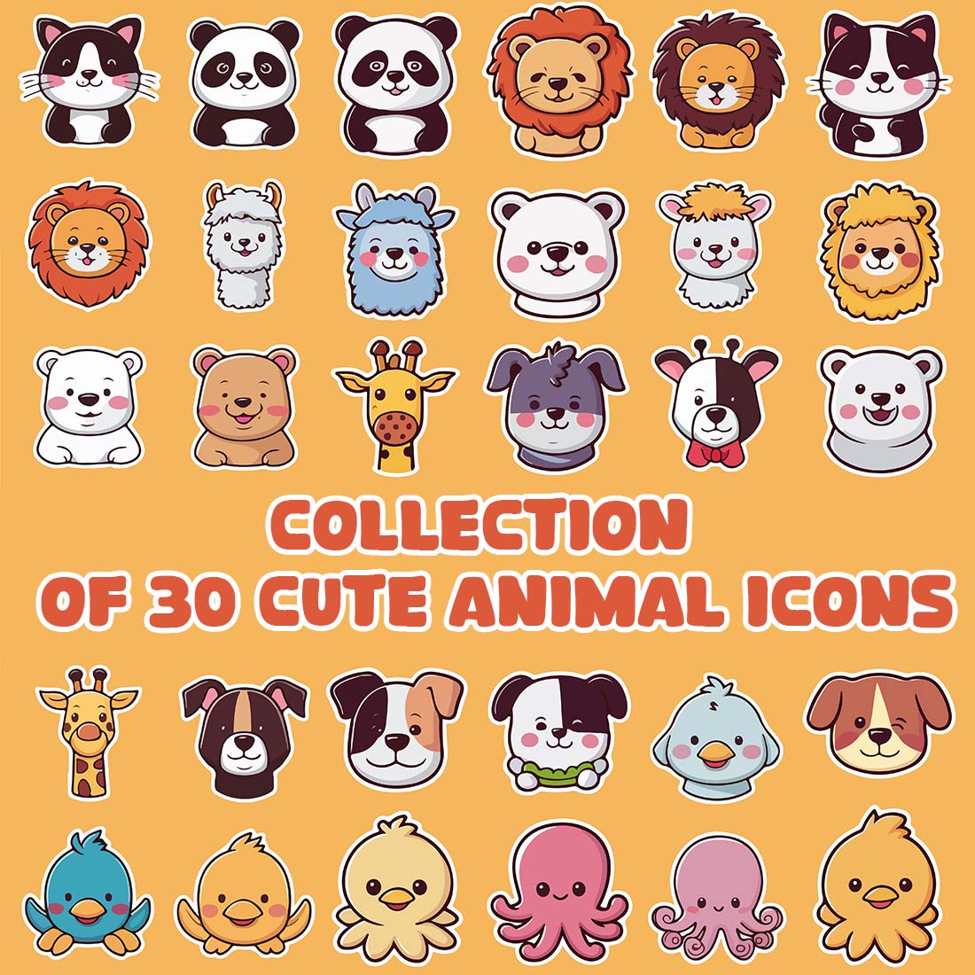 collection of 30 cute animal icons cover image.
