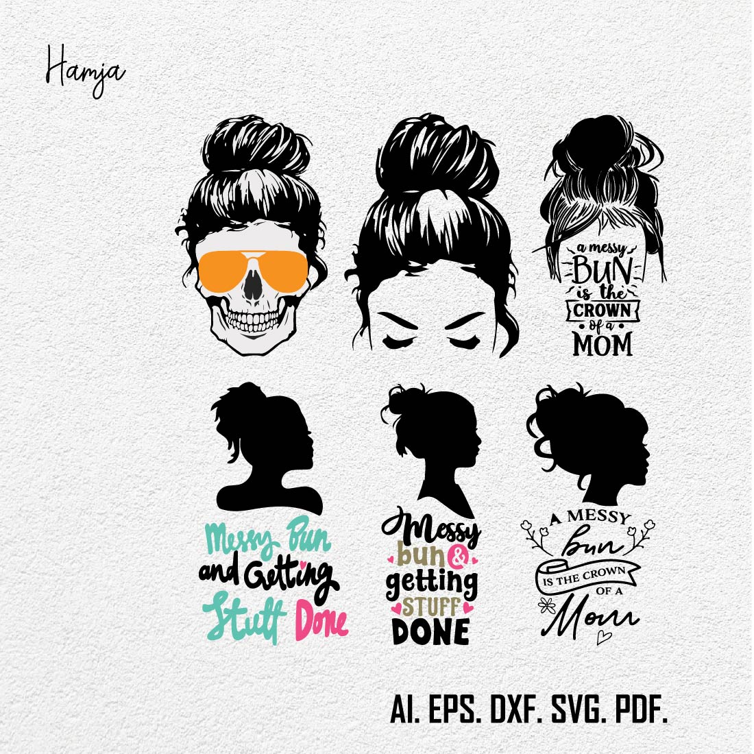 Messy Bun Svg, Messy Bun with Glasses Svg, Momlife Svg, Mom Skull Svg, Messy Bun Classy Afro Woman Svg - Printable, Cricut & Silhouette File preview image.