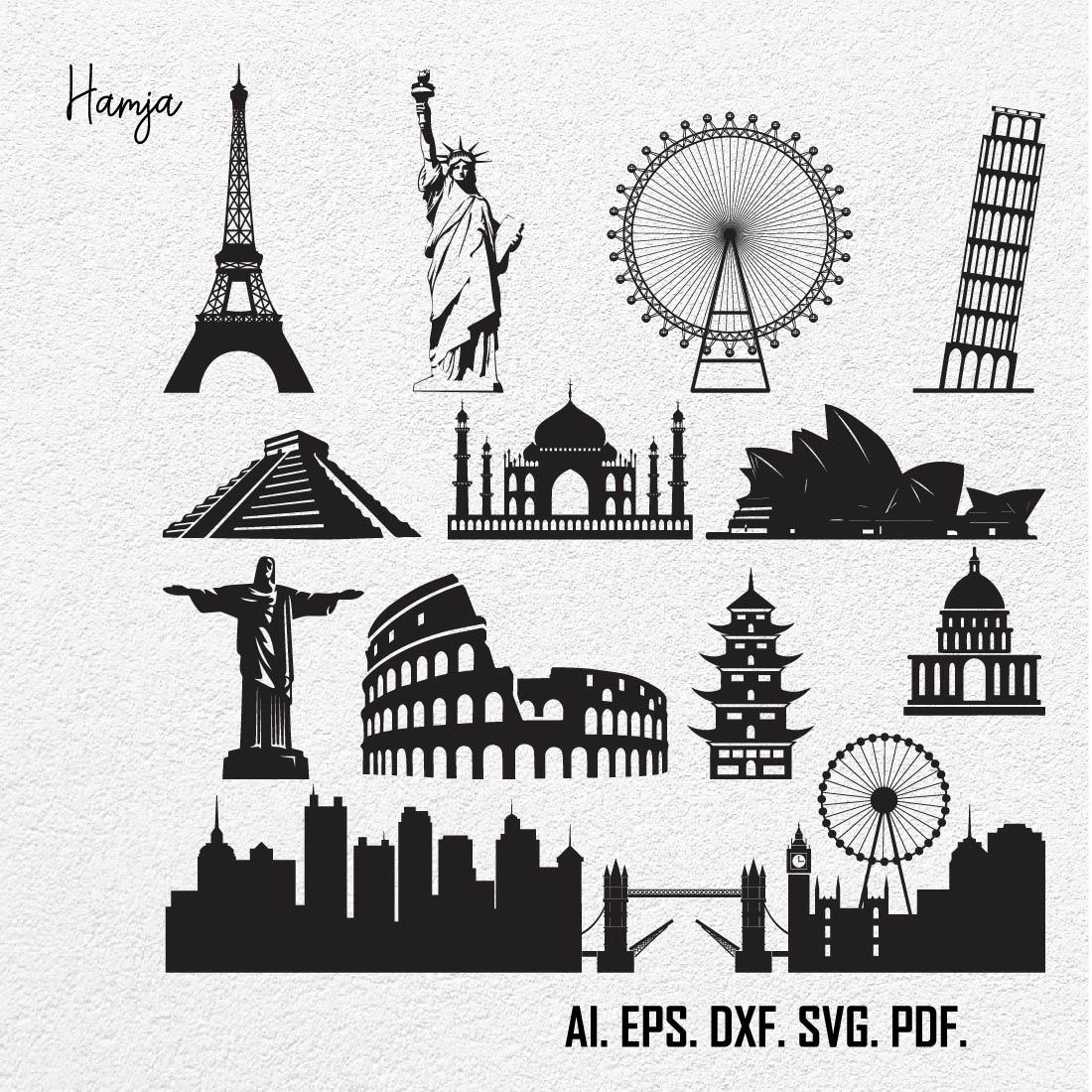 Landmark svgs, colosseum, eiffel tower, Sydney opera house, Big Ben, Statue of Liberty, Landmark bundle cut files,commercial use,svg,png,dxf cover image.