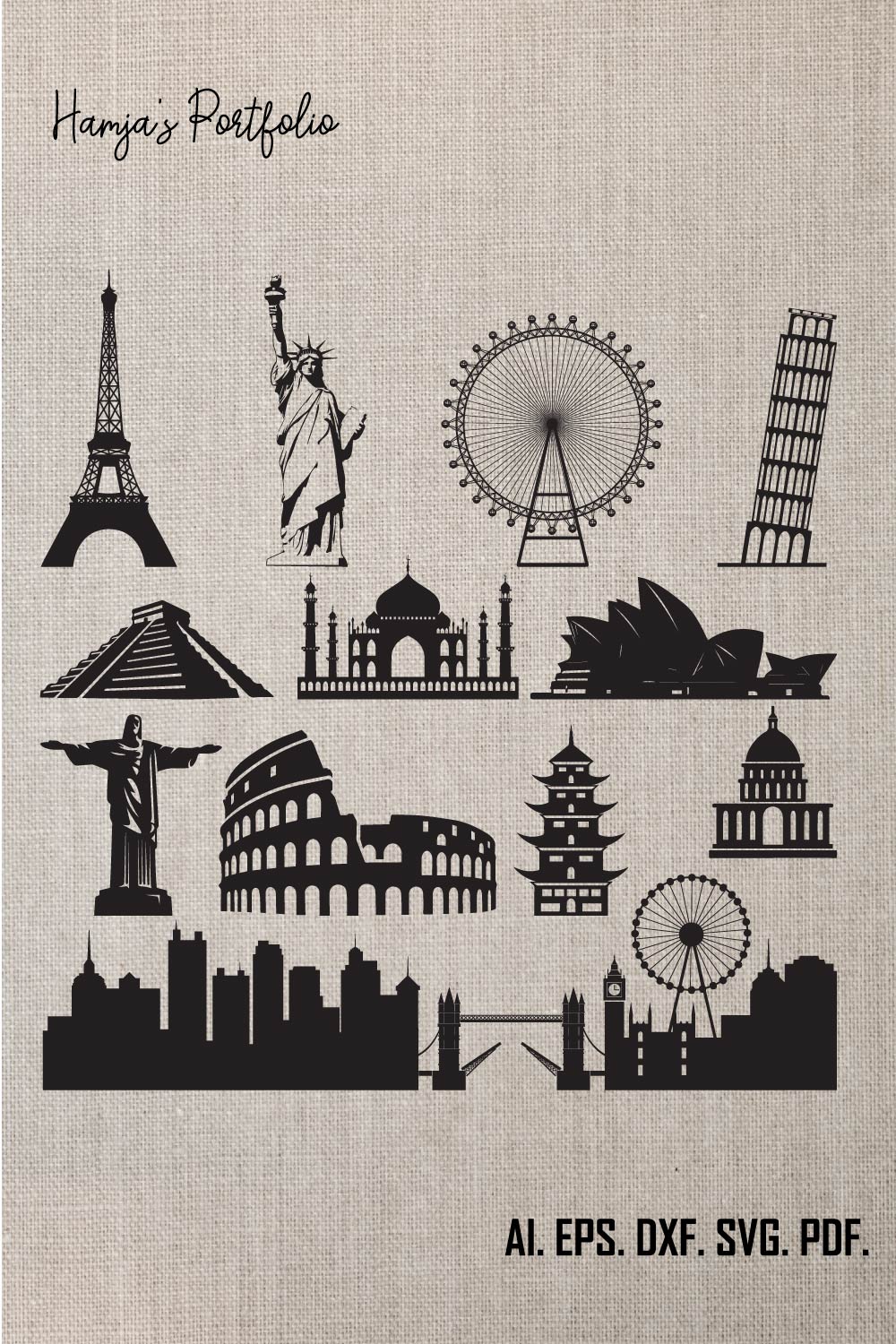 Landmark svgs, colosseum, eiffel tower, Sydney opera house, Big Ben, Statue of Liberty, Landmark bundle cut files,commercial use,svg,png,dxf pinterest preview image.