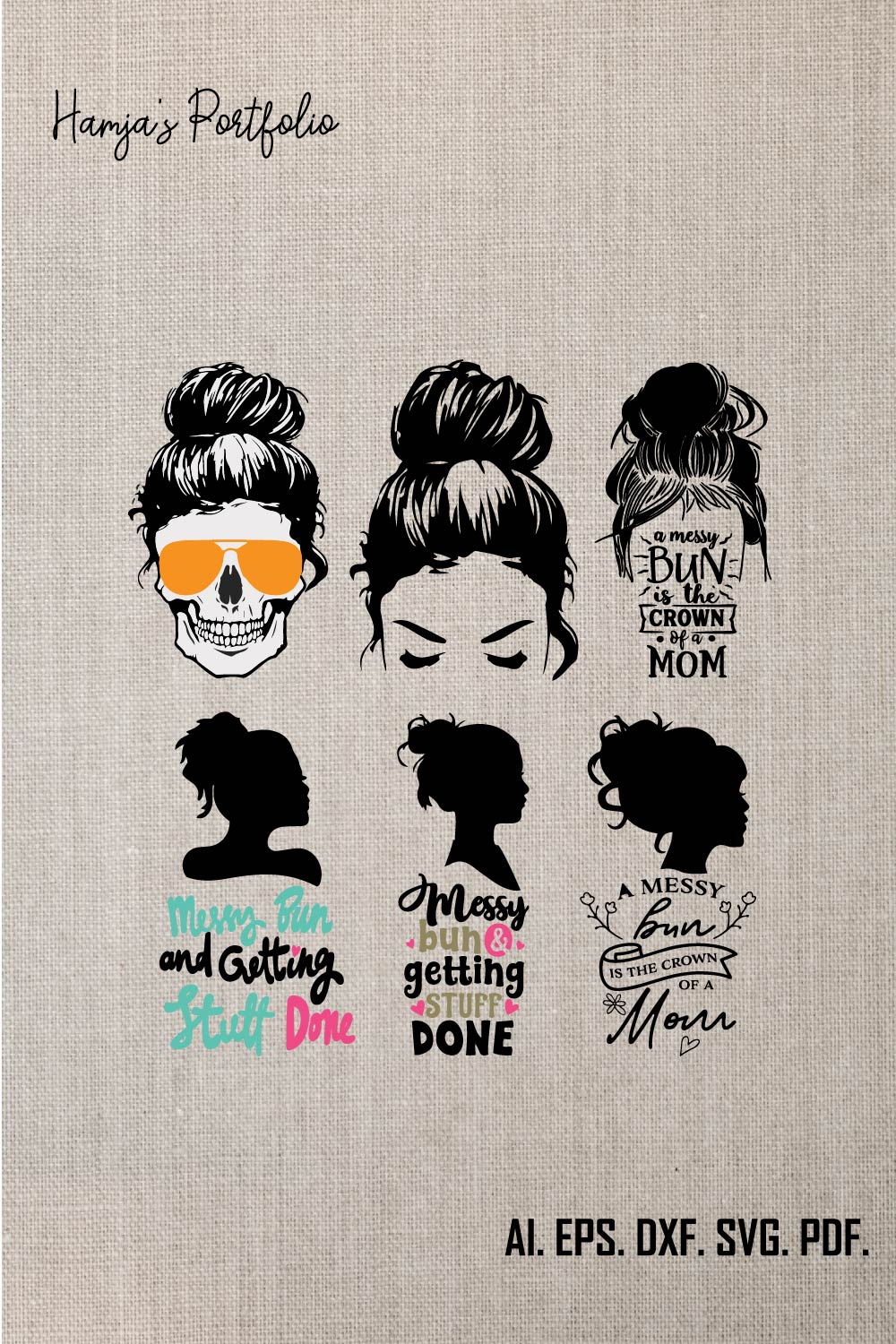 Messy Bun Svg, Messy Bun with Glasses Svg, Momlife Svg, Mom Skull Svg, Messy Bun Classy Afro Woman Svg - Printable, Cricut & Silhouette File pinterest preview image.