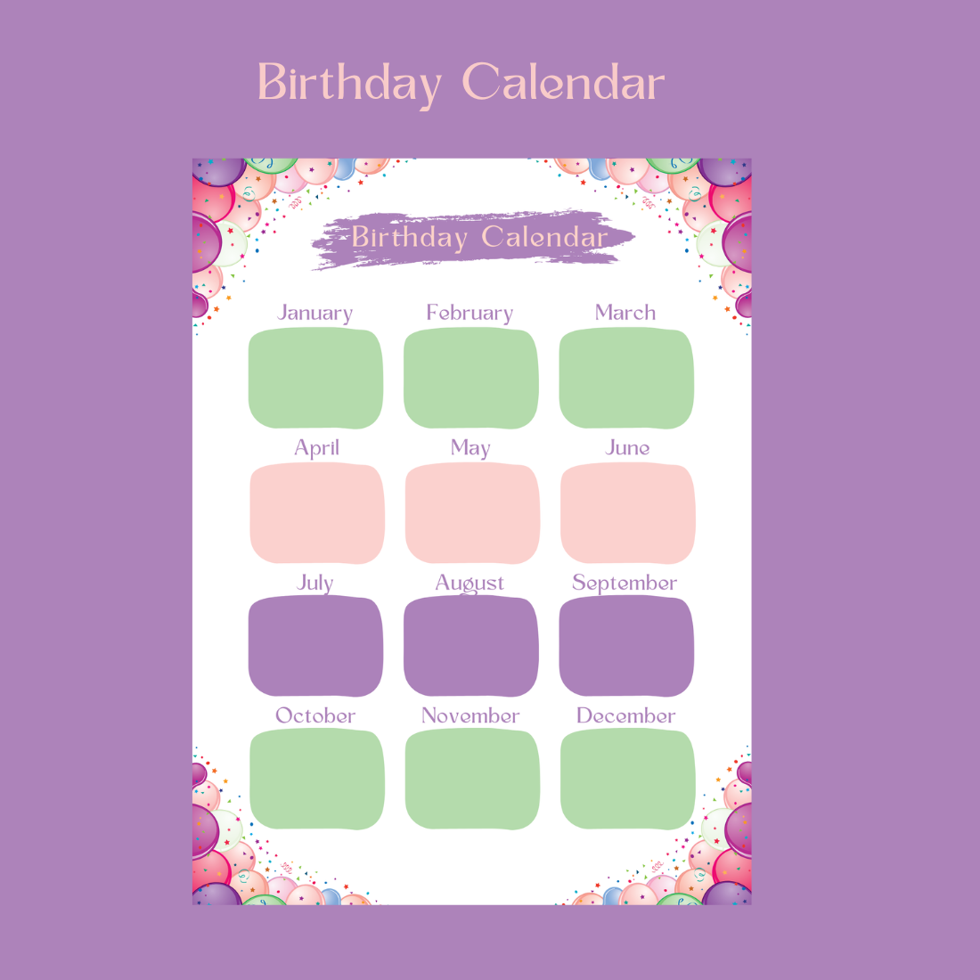Birthday calendar, printable calendar, A4 PDF, birthday organizer, monthly calendar, birthday reminders, elegant calendar template, high-resolution calendar preview image.