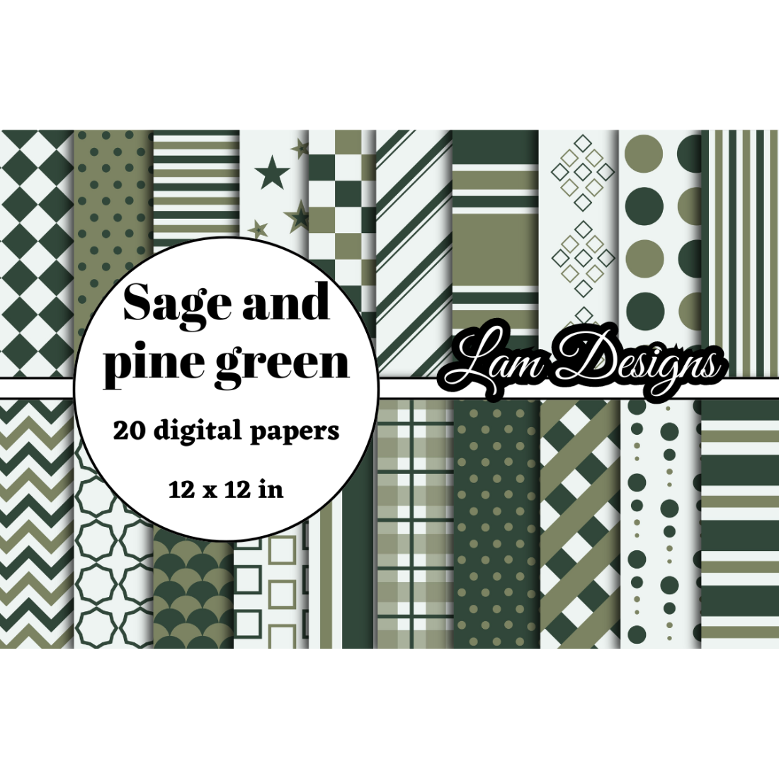 Sage and pine green digital papers preview image.