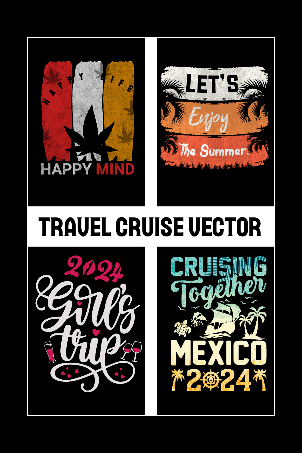 Cruise T-Shirt Design Bundle- Cruise T-shirt Design- Travel Cruise Vector, illustration, silhouette, or graphics pinterest preview image.