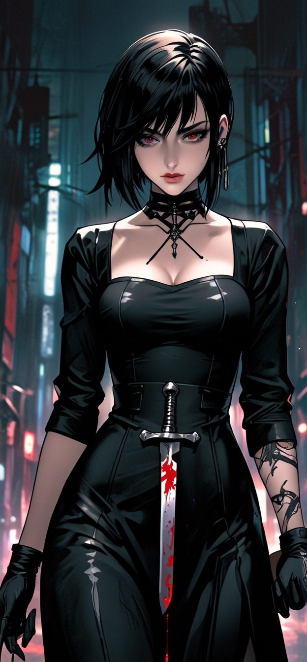 default a woman in a black dress holding blood knife on her ha 1 58