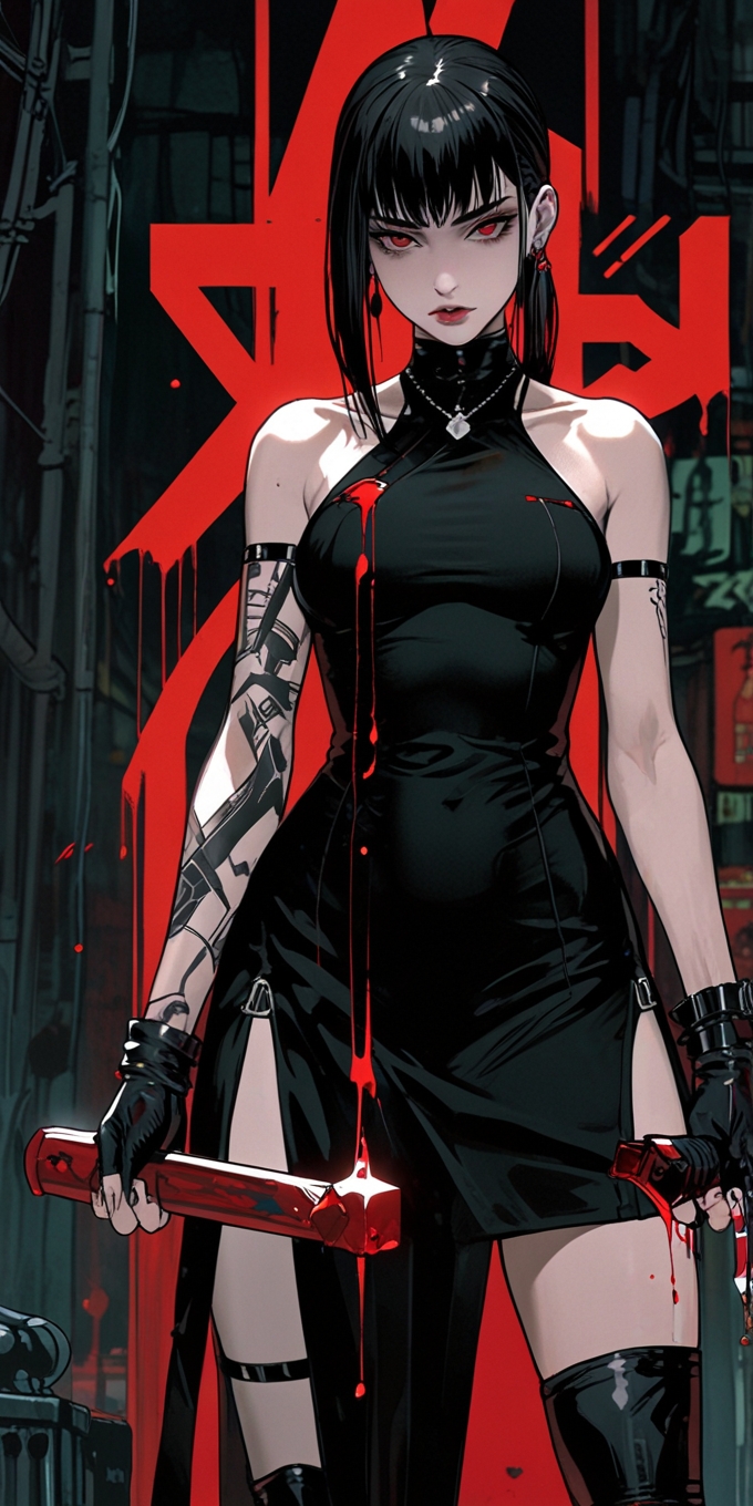 default a woman in a black dress holding hammer with blood on 1 392