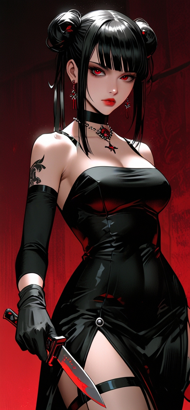 default a woman in a black dress holding knife on her hand and 1 394