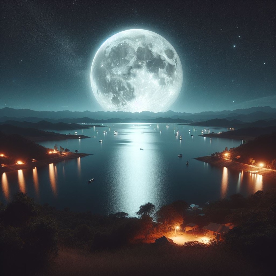 Full Moon Night Time Landscape Scene Photo Manipulation Art Poster Print Printable Digital Download preview image.