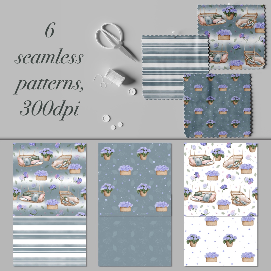 Collection seamless patterns «Swings and hydrangeas» cover image.