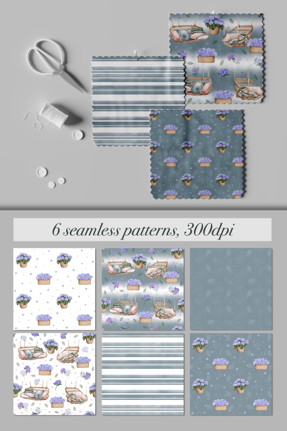 Collection seamless patterns «Swings and hydrangeas» pinterest preview image.