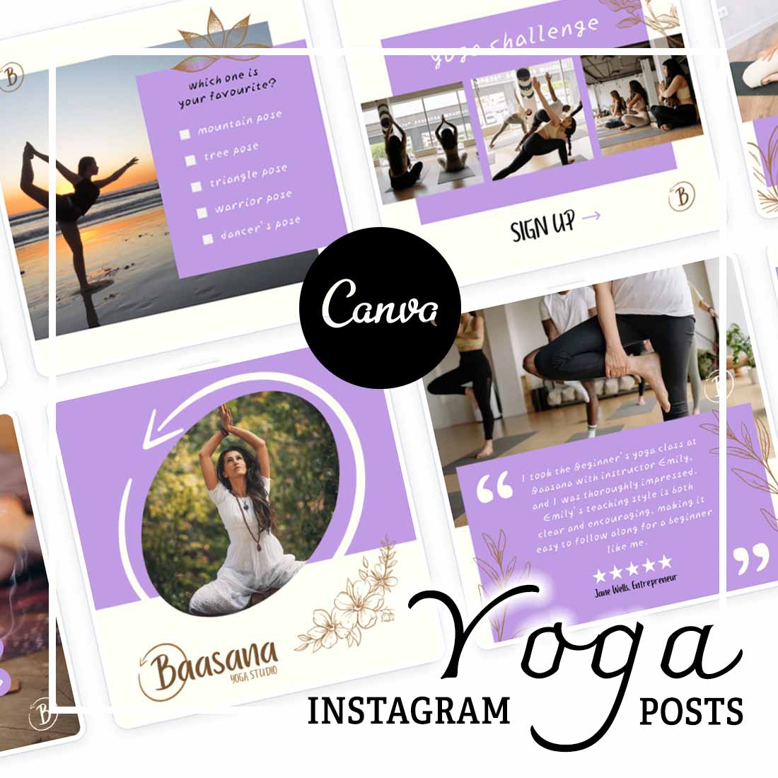 Yoga Instagram Posts Canva Templates preview image.