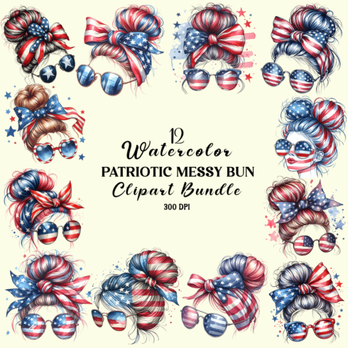 Watercolor Patriotic Messy Bun Clipart Bundle cover image.