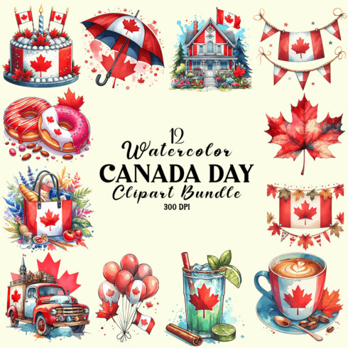Watercolor Canada Day Clipart Bundle cover image.