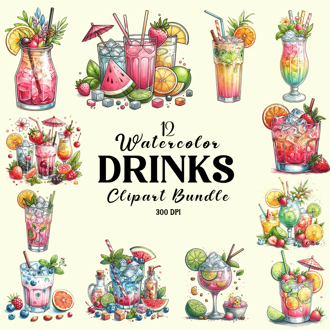 Watercolor Drinks Clipart Bundle cover image.