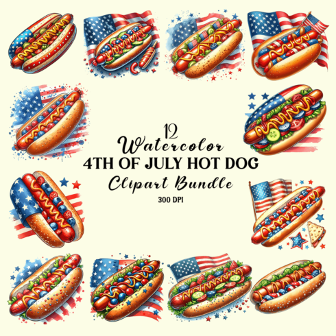 Watercolor 4th of July Hot Dog Clipart Bundle cover image.