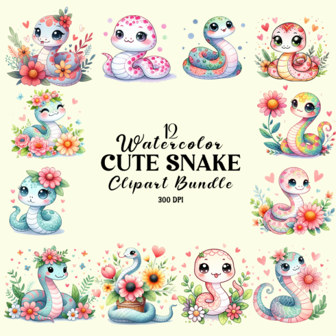 Watercolor Cute Snake Clipart Bundle cover image.