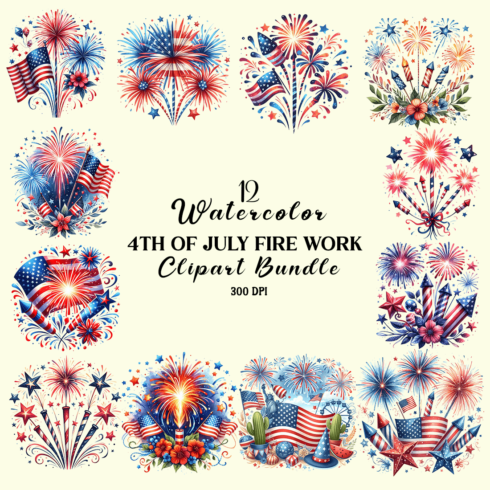 Watercolor 4th Of July Fire Work Clipart Bundle cover image.
