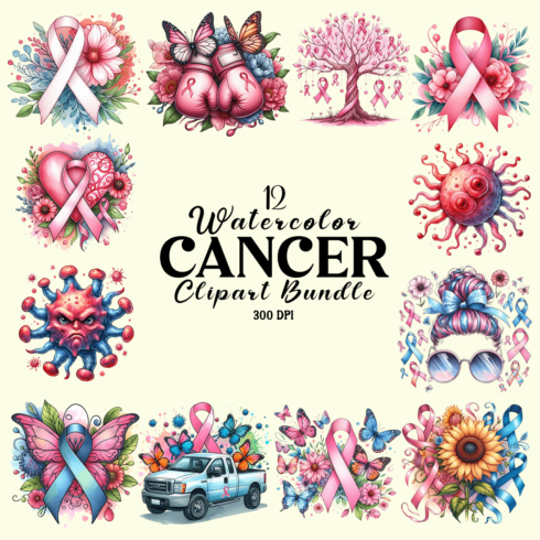 Watercolor Cancer Clipart Bundle cover image.