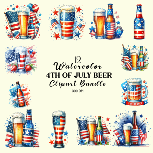 Watercolor 4th Of July Beer Clipart Bundle cover image.