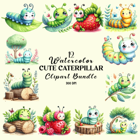 Watercolor Cute Caterpillar Clipart Bundle cover image.