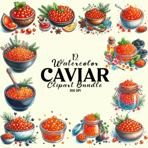 Watercolor Caviar Clipart Bundle cover image.