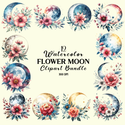 Watercolor Flower Moon Clipart Bundle cover image.