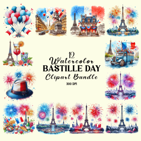 Watercolor Bastille Day Clipart Bundle cover image.