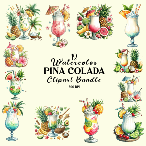 Watercolor Pina Colada Clipart Bundle cover image.