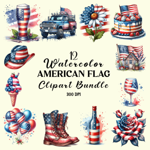 Watercolor American Flag Clipart Bundle cover image.