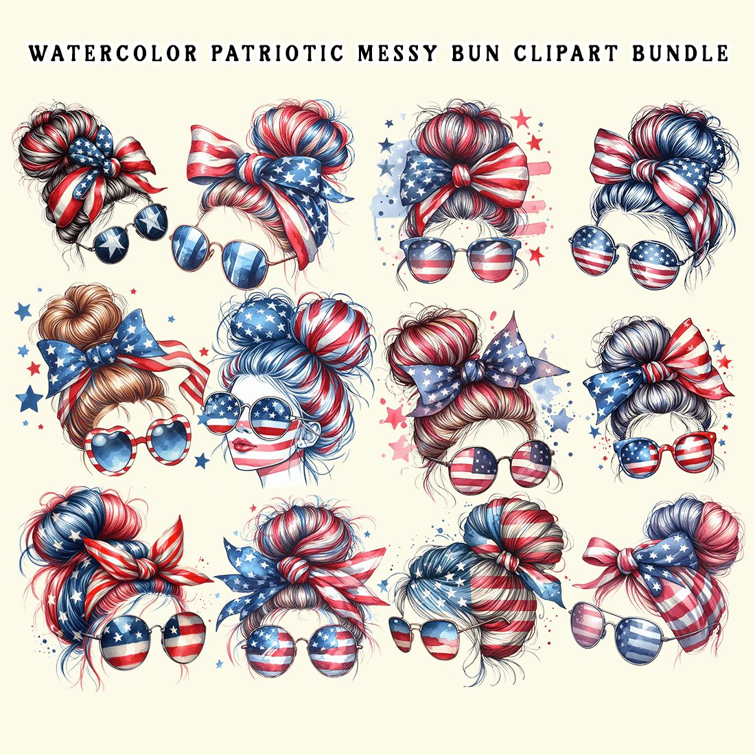 Watercolor Patriotic Messy Bun Clipart Bundle preview image.