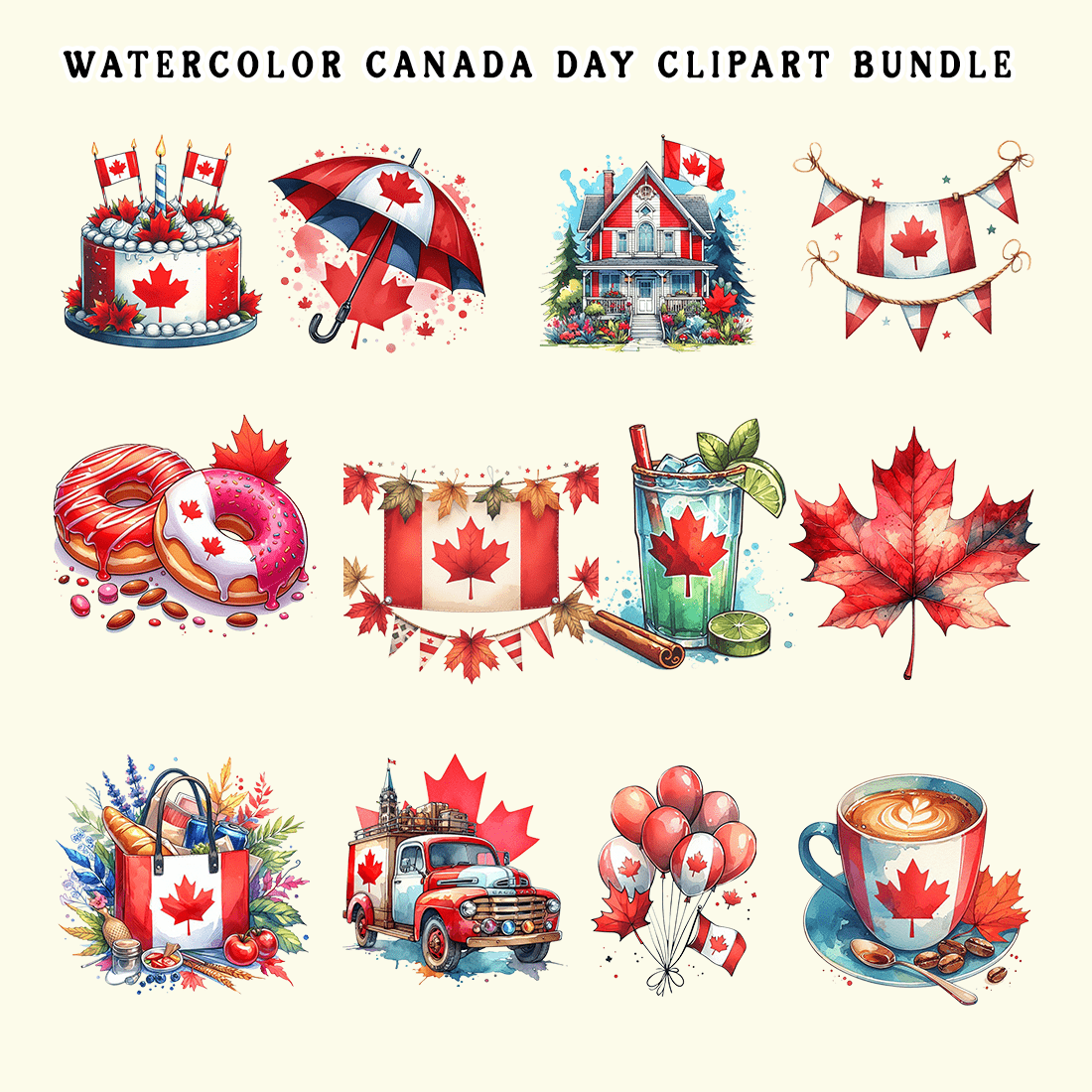 Watercolor Canada Day Clipart Bundle preview image.