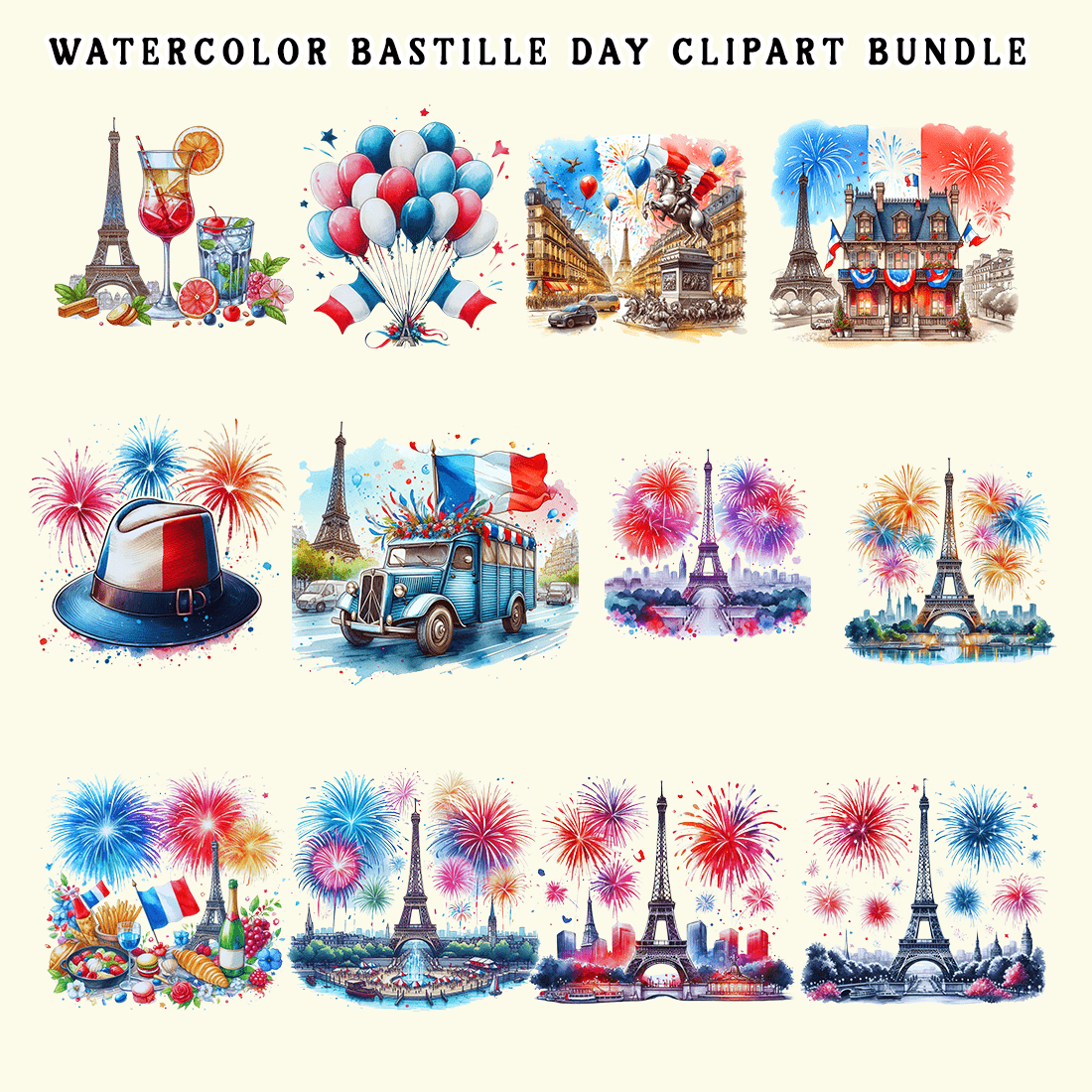 Watercolor Bastille Day Clipart Bundle preview image.